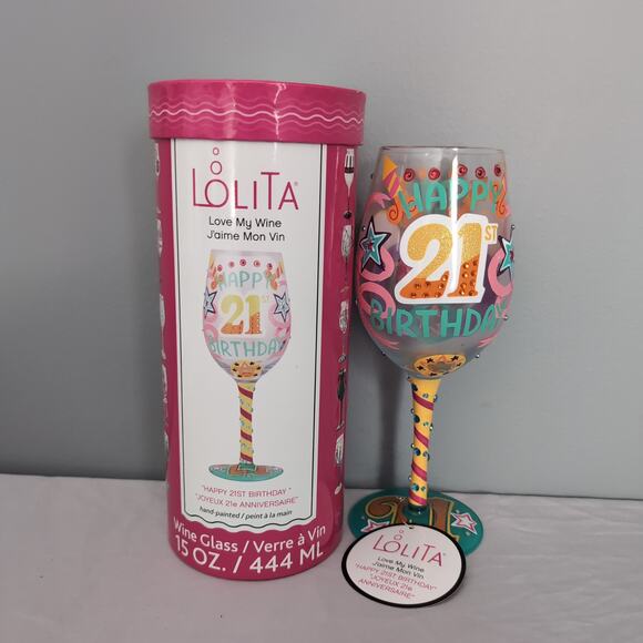 Lolita Other - Lolita Happy 21st Birthday Wine Glass With Case Bejeweled Hand Painted 15 oz
